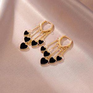 “Cross My Heart” Hoop Gold Black Heart Valentines Date Dangle Gift Cute Earrings